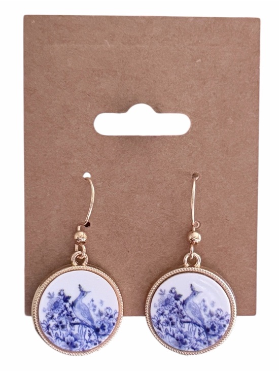 Handmade Jewelry - Cottagecore Toile-Style Floral Bird Drop Earrings